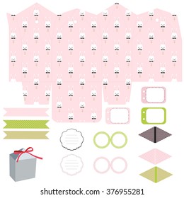 Party set. Gift box template. Empty labels and cupcake toppers and food tags.  Easter bunny pattern.