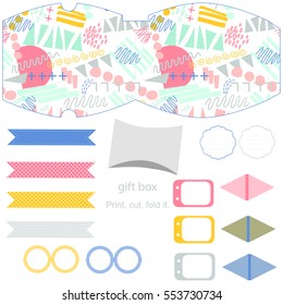 Party set. Gift box template. Empty labels and cupcake toppers and food tags.  Abstract pastel pattern.
