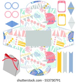 Party set. Gift box template. Empty labels and cupcake toppers and food tags.  Abstract pastel pattern.