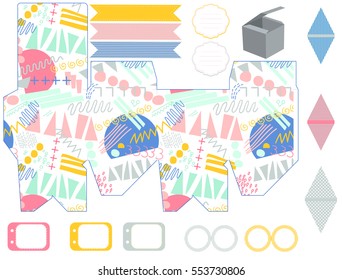 Party set. Gift box template. Empty labels and cupcake toppers and food tags.  Abstract pastel pattern.