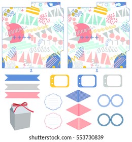 Party set. Gift box template. Empty labels and cupcake toppers and food tags.  Abstract pastel pattern.