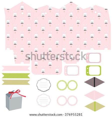 Party set. Gift box template. Empty labels and cupcake toppers and food tags.  Easter bunny pattern.