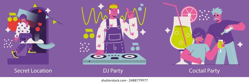 Party set. Guests enjoy secret location gathering, DJ plays vibrant music, cocktail party with friends. Dynamic, festive celebration scenes. Vector illustration.