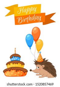 Party set with hedgehog and colorful items on a white background. Inscription "Happy Birthday". Multicolored. Vector