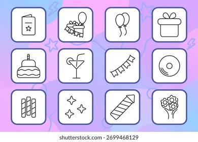 Icono de conjunto de fiesta. Globo, torta, cóctel, fuegos artificiales, guirnalda, luces, presente, invitación, confeti, música, regalo, tarjeta, celebración, chispa, sombrero de fiesta, caramelo, diversión, evento, festividad, alegría