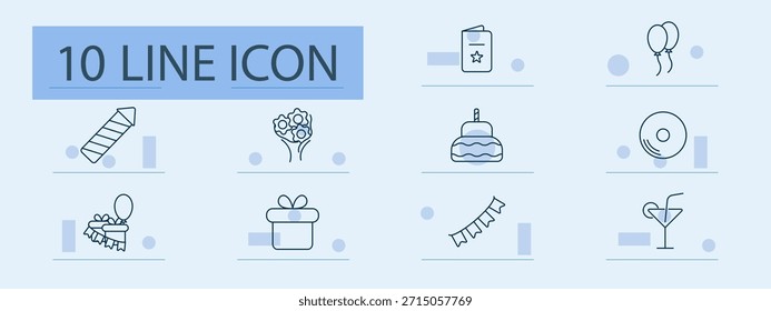 Icono de conjunto de fiesta. Fuegos artificiales, ramo, tarjeta, globos, pastel, registro, sombrero, regalo, guirnalda, cóctel. Celebración, acontecimiento, diversión, música, saludo, presente, bebida, decoración, alegría, cumpleaños.