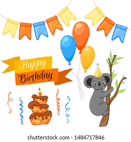 Party set with koala and colorful items on a white background. Inscription "Happy Birthday". Multicolored. Vector.