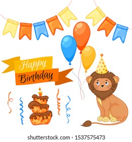 Party set with lion and colorful items on a white background. Inscription "Happy Birthday". Multicolored. Vector