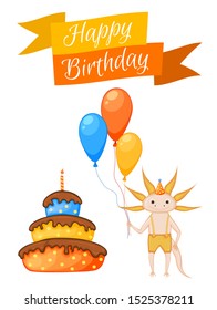 Party set with lizard and colorful items on a white background. Inscription "Happy Birthday". Multicolored. Vector