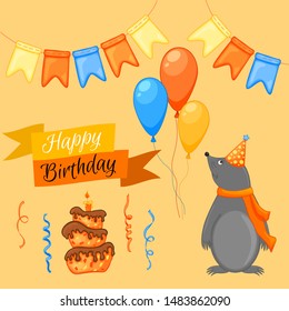 Party set with mole and colorful items on a beige background. Inscription "Happy Birthday". Multicolored. Vector.