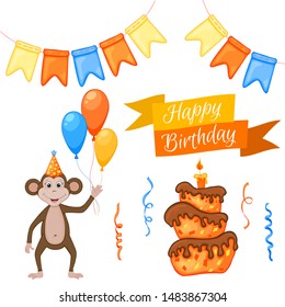Party set with monkey and colorful items on a white background. Inscription "Happy Birthday". Multicolored. Vector.