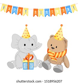 Party set with monkey and colorful items on a white background. Inscription "Happy Birthday". Multicolored. Vector