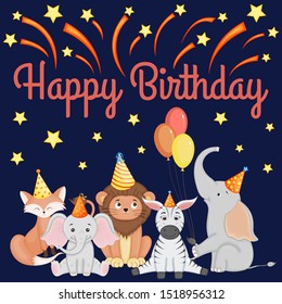 Party set with monkey and colorful items on a white background. Inscription "Happy Birthday". Multicolored. Vector