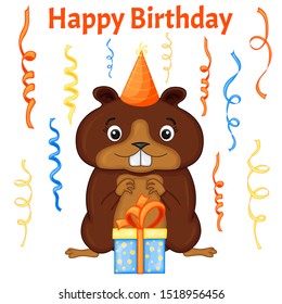 Party set with monkey and colorful items on a white background. Inscription "Happy Birthday". Multicolored. Vector