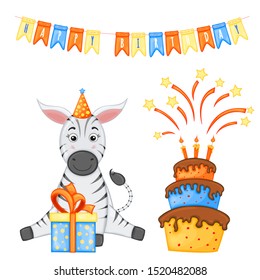 Party set with monkey and colorful items on a white background. Inscription "Happy Birthday". Multicolored. Vector