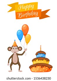 Party set with monkey and colorful items on a white background. Inscription "Happy Birthday". Multicolored. Vector