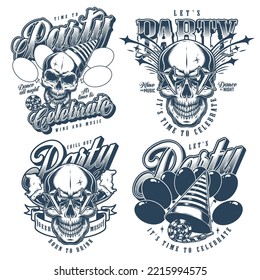 Party set monochrome vintage posters with skulls in birthday hats and club glasses for hangout with beer drink vector illustration
