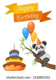 Party set with panda and colorful items on a white background. Inscription "Happy Birthday". Multicolored. Vector