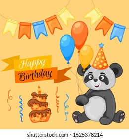 Party set with panda and colorful items on a white background. Inscription "Happy Birthday". Multicolored. Vector