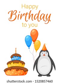 Party set with penguin and colorful items on a white background. Inscription "Happy Birthday". Multicolored. Vector