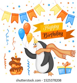 Party set with penguin and colorful items on a white background. Inscription "Happy Birthday". Multicolored. Vector