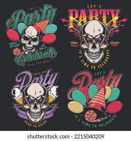 Party set posters colorful vintage with skulls in glasses celebrating birthday or other holiday with beer and balloons vector illustration