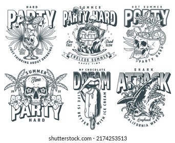 Party set posters monochrome vintage summer drinks decorated with palm trees with skulls and ice cream near shark vector illustration