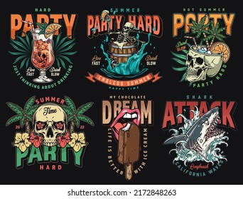 Party set posters vintage colorful summer holiday on hot islands with palm trees, exotic cocktails and skull decoration vector illustration