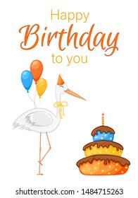 Party set with stork and colorful items on a beige background. Inscription "Happy Birthday". Multicolored. Vector.