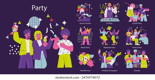 Party set. Various festive celebrations with lively characters enjoying drinks, music, and dance. Beach to secret parties. Vector illustration.