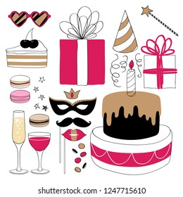 Party set vector illustration. Celebration symbols in doodle style.