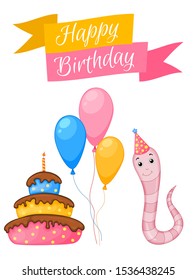 Party set with worm and colorful items on a white background. Inscription "Happy Birthday". Multicolored. Vector