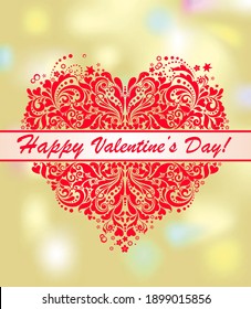 Party shining gold poster for Valentine’s day celebration with red decorative heart shape