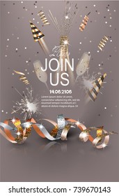 Party shiny banner with holiday deco objects. Vector illustration