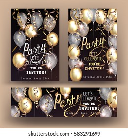 Party Shiny Banners With Air Balloons And Serpentine. Vector Illustration