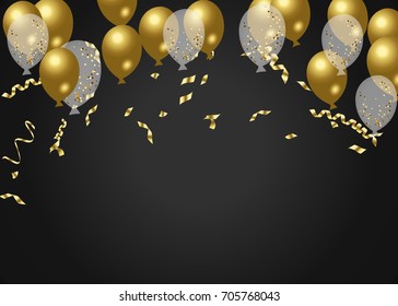 Party shiny banners with air balloons and serpentine. Vector illustration