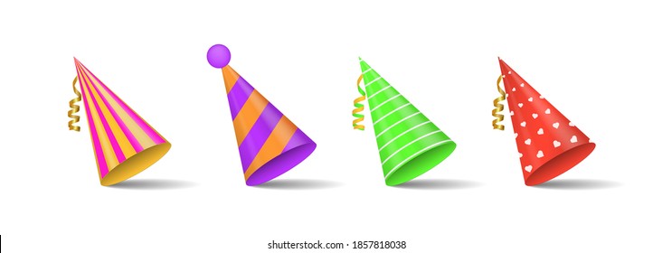 Party shiny caps isolated on white background. Collection of festive hats for parties and holidays celebrations. Cone paper hat with birthday decoration elements. Vector illustration, eps 10.