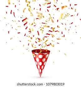 Party shiny hat with ribbon and confetti. Holiday decoration.Celebration.Birthday.Vector illustration on white background. Set.