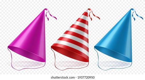 Party shiny hat with ribbon. Festive decoration.Celebration.Birthday.Vector illustration on transparent background.