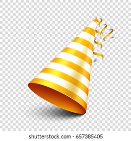 Party shiny hat with ribbon. Holiday decoration.Celebration.Birthday.Vector illustration on transparent background.