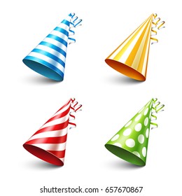 Party shiny hat with ribbon. Holiday decoration.Celebration.Birthday.Vector illustration on white background. Set.