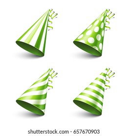 Party shiny hat with ribbon. Holiday decoration.Celebration.Birthday.Vector illustration on white background. Set.