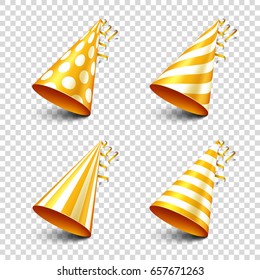 Party shiny hat with ribbon. Holiday decoration.Celebration.Birthday.Vector illustration on transparent background. Set.