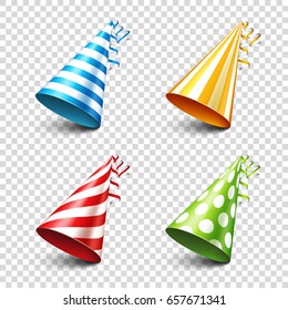 Party shiny hat with ribbon. Holiday decoration.Celebration.Birthday.Vector illustration on transparent background. Set.
