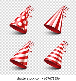 Party shiny hat with ribbon. Holiday decoration.Celebration.Birthday.Vector illustration on transparent background. Set.