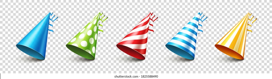 Party shiny hat with ribbon on transparent background. Holiday decoration. Birthday celebration. Vector illustration.