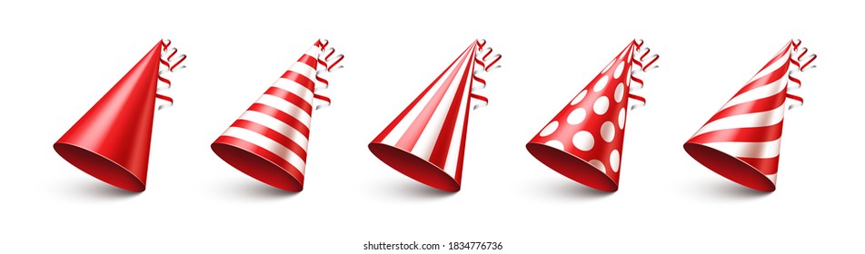 Party shiny hat with ribbon on white background. Holiday decoration. Birthday celebration. Vector illustration.