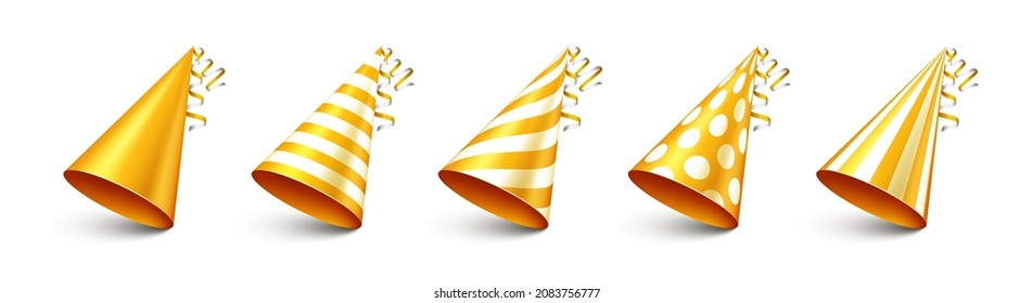 Party shiny hat with ribbon on white background. Holiday decoration. Birthday celebration. Vector illustration.