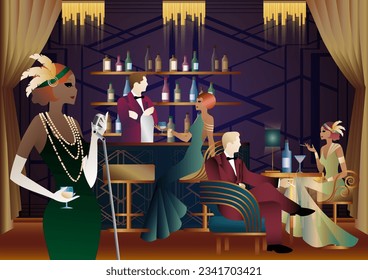 Party with a singer and a bartender in a club. Party invitation design in retro art deco style.