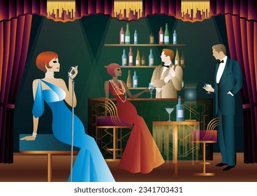 Party with a singer and a bartender in a club. Party invitation design in retro art deco style.